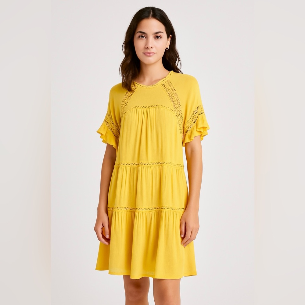 Anthropologie Patrons of Peace Yellow Boho Crochet Flutter Sleeve Dress - M